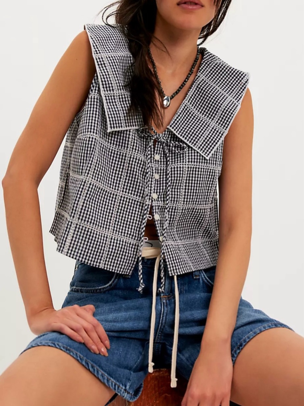 Free People Waiting For Me Navy & White Gingham Tie-Front Top